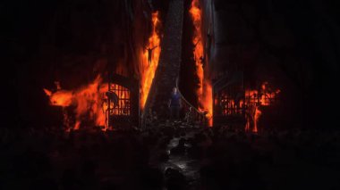 Cehennemdeki adam. Günahkar. Cehennem kapılarının önünde yalnız ve günahkar bir adam duruyor. Cehennem ateşi. Dini bir kavram. Gerçekçi 4k animasyonu