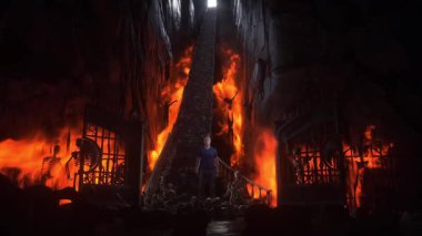 Cehennemdeki adam. Günahkar. Cehennem kapılarının önünde yalnız ve günahkar bir adam duruyor. Cehennem ateşi. Dini bir kavram. Gerçekçi 4k animasyonu