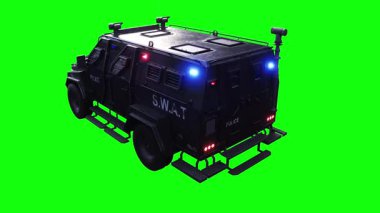 Zırhlı bir SWAT polisi hızlı sürüyor. Araba gövdesinde gerçekçi dinamik yansımalar. Gerçekçi yanıp sönen ışıklar. 4K yeşil ekran izole et