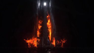 Cehennemdeki adam. Günahkar. Cehennem kapılarının önünde yalnız ve günahkar bir adam duruyor. Cehennem ateşi. Dini bir kavram. Gerçekçi 4k animasyonu