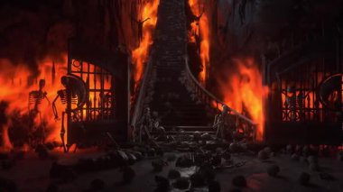 Cehennem kapıları. Cehenneme giden yol. Şeytan portalı. Günahkar. Dini bir kavram. Gerçekçi 4k animasyonu