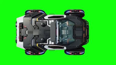 Gelecekçi siber polis uçan araba. Araba gövdesinde gerçekçi dinamik yansımalar. 4K yeşil ekran izole et