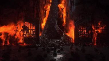 Cehennem kapıları. Cehenneme giden yol. Şeytan portalı. Günahkar. Dini bir kavram. Gerçekçi 4k animasyonu