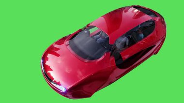 Geleceğin uçan kırmızı arabası. Araba gövdesinde gerçekçi dinamik yansımalar. 4K yeşil ekran izole et