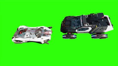 Gelecekçi siber polis uçan araba. Araba gövdesinde gerçekçi dinamik yansımalar. 4K yeşil ekran izole et