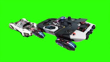 Gelecekçi siber polis uçan araba. Araba gövdesinde gerçekçi dinamik yansımalar. 4K yeşil ekran izole et