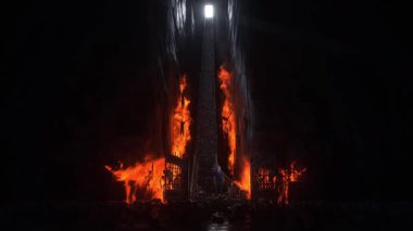 Cehennemdeki adam. Günahkar. Cehennem kapılarının önünde yalnız ve günahkar bir adam duruyor. Cehennem ateşi. Dini bir kavram. Gerçekçi 4k animasyonu