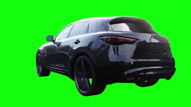 Lüks siyah spor jip, hızlı giden bir araba. Araba gövdesinde gerçekçi dinamik yansımalar. 4K yeşil ekran izole et