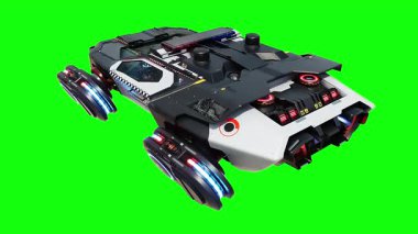 Gelecekçi siber polis uçan araba. Araba gövdesinde gerçekçi dinamik yansımalar. 4K yeşil ekran izole et