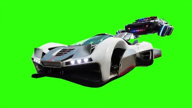 Gelecekçi siber polis uçan araba. Araba gövdesinde gerçekçi dinamik yansımalar. 4K yeşil ekran izole et