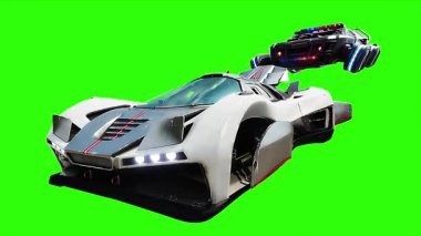 Gelecekçi siber polis uçan araba. Araba gövdesinde gerçekçi dinamik yansımalar. 4K yeşil ekran izole et