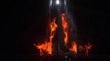 Cehennem kapıları. Cehenneme giden yol. Şeytan portalı. Günahkar. Dini bir kavram. Gerçekçi 4k animasyonu