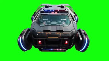 Gelecekçi siber polis uçan araba. Araba gövdesinde gerçekçi dinamik yansımalar. 4K yeşil ekran izole et