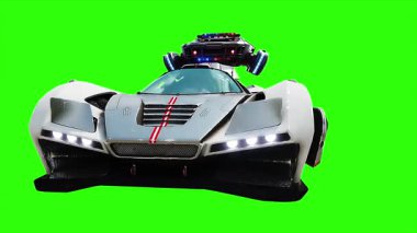 Gelecekçi siber polis uçan araba. Araba gövdesinde gerçekçi dinamik yansımalar. 4K yeşil ekran izole et