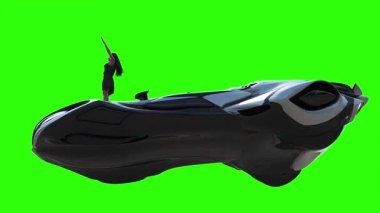 Uçan fütüristik araba ve rüzgarda savrulan saçları olan bir kadın. Araba gövdesinde gerçekçi dinamik yansımalar. 4K yeşil ekran izole et