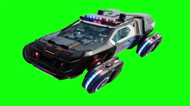 Gelecekçi siber polis uçan araba. Araba gövdesinde gerçekçi dinamik yansımalar. 4K yeşil ekran izole et