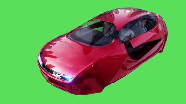 Geleceğin uçan kırmızı arabası. Araba gövdesinde gerçekçi dinamik yansımalar. 4K yeşil ekran izole et