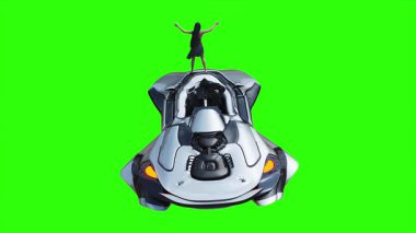 Uçan fütüristik araba ve rüzgarda savrulan saçları olan bir kadın. Araba gövdesinde gerçekçi dinamik yansımalar. 4K yeşil ekran izole et