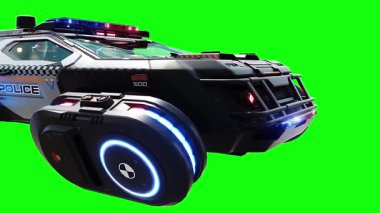 Gelecekçi siber polis uçan araba. Araba gövdesinde gerçekçi dinamik yansımalar. 4K yeşil ekran izole et