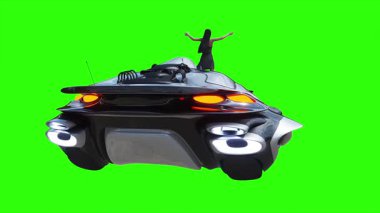 Uçan fütüristik araba ve rüzgarda savrulan saçları olan bir kadın. Araba gövdesinde gerçekçi dinamik yansımalar. 4K yeşil ekran izole et