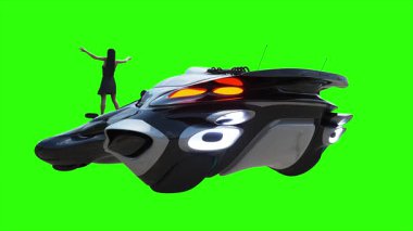 Uçan fütüristik araba ve rüzgarda savrulan saçları olan bir kadın. Araba gövdesinde gerçekçi dinamik yansımalar. 4K yeşil ekran izole et