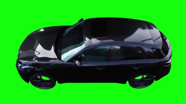 Lüks siyah spor jip, hızlı giden bir araba. Araba gövdesinde gerçekçi dinamik yansımalar. 4K yeşil ekran izole et