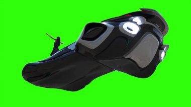 Uçan fütüristik araba ve rüzgarda savrulan saçları olan bir kadın. Araba gövdesinde gerçekçi dinamik yansımalar. 4K yeşil ekran izole et