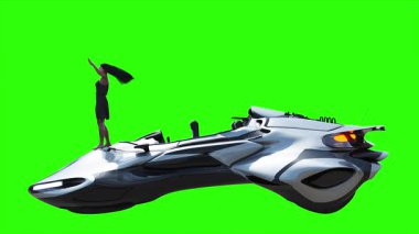 Uçan fütüristik araba ve rüzgarda savrulan saçları olan bir kadın. Araba gövdesinde gerçekçi dinamik yansımalar. 4K yeşil ekran izole et