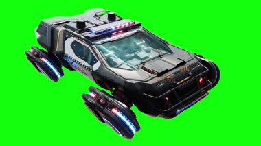 Gelecekçi siber polis uçan araba. Araba gövdesinde gerçekçi dinamik yansımalar. 4K yeşil ekran izole et