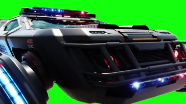 Gelecekçi siber polis uçan araba. Araba gövdesinde gerçekçi dinamik yansımalar. 4K yeşil ekran izole et