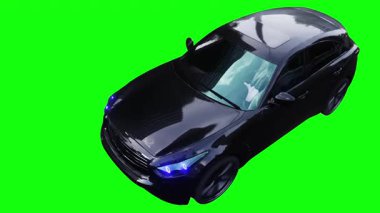 Lüks siyah spor jip, hızlı giden bir araba. Araba gövdesinde gerçekçi dinamik yansımalar. 4K yeşil ekran izole et