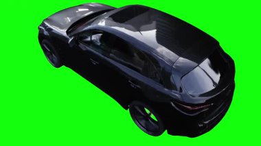 Lüks siyah spor jip, hızlı giden bir araba. Araba gövdesinde gerçekçi dinamik yansımalar. 4K yeşil ekran izole et