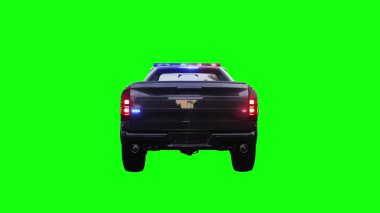 Hızlı giden bir polis arabası. Araba gövdesinde gerçekçi dinamik yansımalar. Gerçekçi yanıp sönen ışıklar. 4K yeşil ekran izole et