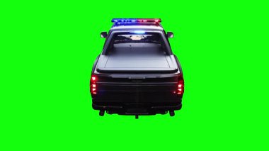 Hızlı giden bir polis arabası. Araba gövdesinde gerçekçi dinamik yansımalar. Gerçekçi yanıp sönen ışıklar. 4K yeşil ekran izole et