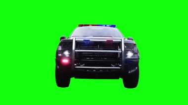 Hızlı giden bir polis arabası. Araba gövdesinde gerçekçi dinamik yansımalar. Gerçekçi yanıp sönen ışıklar. 4K yeşil ekran izole et