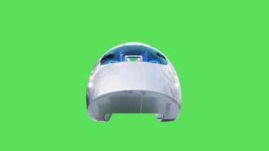 Uçan yolcu treni. İnsanlar ve robotlar. Yeşil ekran izole.. Gerçekçi 4k animasyonu