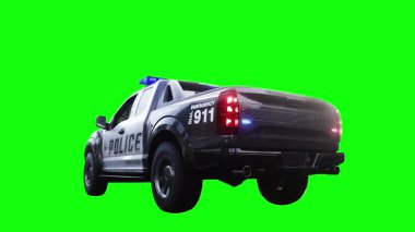 Hızlı giden bir polis arabası. Araba gövdesinde gerçekçi dinamik yansımalar. Gerçekçi yanıp sönen ışıklar. 4K yeşil ekran izole et