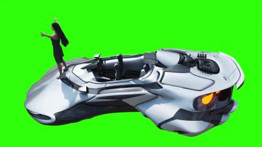 Uçan fütüristik araba ve rüzgarda savrulan saçları olan bir kadın. Araba gövdesinde gerçekçi dinamik yansımalar. 4K yeşil ekran izole et