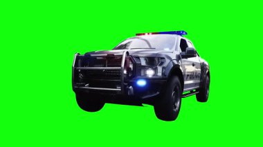 Hızlı giden bir polis arabası. Araba gövdesinde gerçekçi dinamik yansımalar. Gerçekçi yanıp sönen ışıklar. 4K yeşil ekran izole et