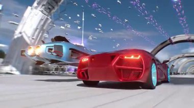 Futuristik kırmızı spor araba ve hızlı uçan araba, gelecekçi bir caddede birbirini solluyor. Takipte. Gelecek kavramı. Gerçekçi 4k animasyonu