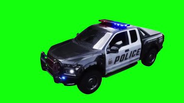 Hızlı giden bir polis arabası. Araba gövdesinde gerçekçi dinamik yansımalar. Gerçekçi yanıp sönen ışıklar. 4K yeşil ekran izole et