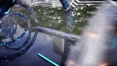 Gelecekçi şehir. Uçan yolcu treni. Gelecekçi mimari. İnsanlar ve robotlar. Gerçekçi 4k animasyonu