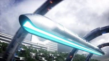Gelecekçi şehir. Uçan yolcu treni. Gelecekçi mimari. İnsanlar ve robotlar. Gerçekçi 4k animasyonu