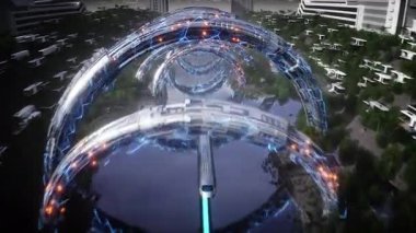 Gelecekçi şehir. Uçan yolcu treni. Gelecekçi mimari. İnsanlar ve robotlar. Gerçekçi 4k animasyonu