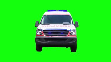 Hızlı giden bir ambulans. Araba gövdesinde gerçekçi dinamik yansımalar. 4K yeşil ekran izole et