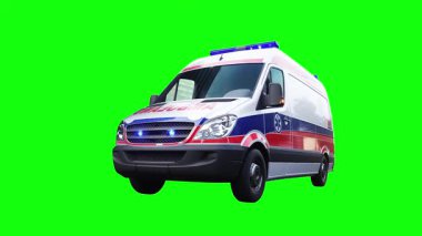 Hızlı giden bir ambulans. Araba gövdesinde gerçekçi dinamik yansımalar. 4K yeşil ekran izole et