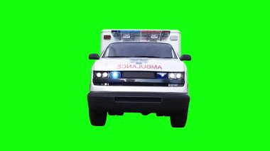 Hızlı giden bir ambulans. Araba gövdesinde gerçekçi dinamik yansımalar. 4K yeşil ekran izole et