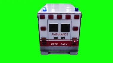 Hızlı giden bir ambulans. Araba gövdesinde gerçekçi dinamik yansımalar. 4K yeşil ekran izole et