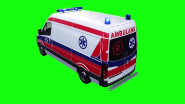 Hızlı giden bir ambulans. Araba gövdesinde gerçekçi dinamik yansımalar. 4K yeşil ekran izole et