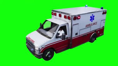 Hızlı giden bir ambulans. Araba gövdesinde gerçekçi dinamik yansımalar. 4K yeşil ekran izole et